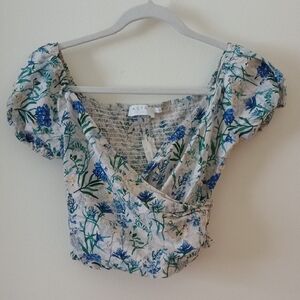 ASTR Floral Puff Sleeve Blouse - Blue and Green